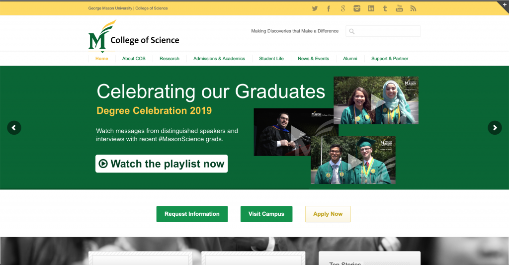 College of Science homepage with grad video web slider