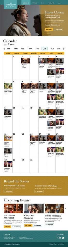 The Shakespeare Playhouse website calendar page mockup