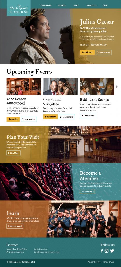 The Shakespeare Playhouse website home page mockup