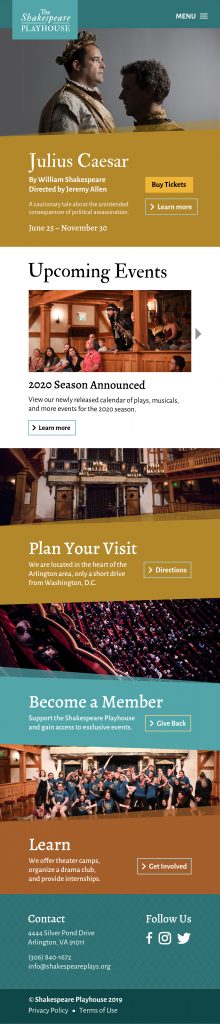The Shakespeare Playhouse website mobile home page mockup